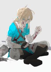 Rule 34 | 1boy, bandaged arm, bandages, belt, belt buckle, blonde hair, blood, blue eyes, boots, buckle, closed mouth, commentary, earrings, fingerless gloves, gloves, grey background, hair between eyes, highres, holding, holding bandages, jewelry, kaninn, link, long hair, long sleeves, looking down, male focus, nintendo, pants, pointy ears, simple background, single earring, sitting, solo, the legend of zelda, the legend of zelda: breath of the wild, tunic