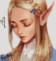 Rule 34 | 1girl, artist name, blonde hair, braid, closed eyes, commentary, crown braid, english commentary, eyelashes, forehead, hair ornament, hair over shoulder, hairclip, heart, lips, long hair, long pointy ears, making-of available, nintendo, nose, parted bangs, pointy ears, portrait, princess zelda, solo, sozomaika, the legend of zelda, the legend of zelda: breath of the wild, thick eyebrows, white background