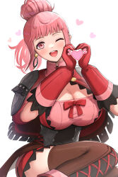Rule 34 | 1girl, ;d, absurdres, boots, breasts, cleavage, commentary request, cross-laced footwear, earrings, feet out of frame, female focus, fire emblem, fire emblem: three houses, fire emblem warriors: three hopes, gloves, gonzarez, heart, heart hands, highres, hilda valentine goneril, hoop earrings, jewelry, lace-up boots, large breasts, long hair, looking at viewer, matching hair/eyes, nintendo, official alternate costume, one eye closed, open mouth, pink eyes, pink hair, ponytail, red gloves, simple background, smile, solo, white background, wink