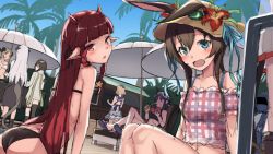 Rule 34 | 6+girls, :d, :q, amiya (arknights), animal, animal ears, arknights, ass, back, baseball cap, bikini, bird, black bikini, blonde hair, blue eyes, blunt bangs, blush, boots, breasts, brown hair, ch&#039;en (arknights), ch'en (arknights), commentary, cup, doctor (arknights), drinking, drinking glass, feather hair, female tourist c (arknights), flower, food, gummy (arknights), gummy (summer flowers) (arknights), hair between eyes, hat, horns, ice cream, ifrit (arknights), ifrit (sunburn) (arknights), long hair, multiple girls, navel, official alternate costume, open mouth, palm tree, parasol, pointy ears, rabbit ears, rose, ryuinu, sailor collar, sandals, saria (arknights), see-through, silence (arknights), single thighhigh, sitting, skirt, smile, straw hat, sweatdrop, swimsuit, tail, thighhighs, tongue, tongue out, tree, umbrella, unfinished, vigna (arknights), vigna (casual vacation) (arknights)