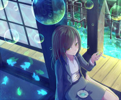 Rule 34 | ashtray, blouse, brown hair, bubble, bubble pipe, dararito, fish, highres, industrial pipe, jacket, original, reflection, shirt, sitting, skirt, solo, water, yellow eyes