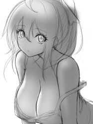 Rule 34 | 1girl, breasts, camisole, cleavage, collarbone, expressionless, greyscale, kay yu, large breasts, long hair, monochrome, original, pink-haired girl (kay yu), ponytail, simple background, sketch, solo, strap slip, upper body, white background