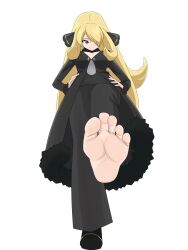 1girl barefoot black_eyes blonde_hair creatures_(company) cynthia_(pokemon) feet foot_focus game_freak hair_over_one_eye hands_on_own_hips highres jmpdwgtdw938 long_hair looking_at_viewer nintendo pokemon pokemon_dppt smile soles toes transparent_background