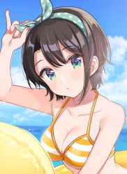 Rule 34 | 1girl, bare shoulders, bikini, black hair, blue sky, blush, breasts, cleavage, closed mouth, cloud, cloudy sky, collarbone, day, hair ornament, hairband, halterneck, highres, holding, holding hair ornament, hololive, innertube, looking at viewer, medium breasts, nail polish, ocean, official alternate costume, official art, oozora subaru, oozora subaru (hololive summer 2019), outdoors, shigure ui, short hair, sky, solo, striped bikini, striped bikini top, striped clothes, swim ring, swimsuit, virtual youtuber