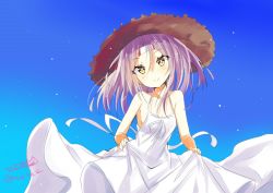 Rule 34 | 1girl, blue sky, blush, breasts, closed mouth, dress, gradient background, grey hair, hair between eyes, hat, headband, highres, hizaka, kantai collection, long dress, long hair, looking at viewer, no bra, one-hour drawing challenge, sky, small breasts, smile, solo, straw hat, twitter username, white dress, yellow eyes, zuihou (kancolle)
