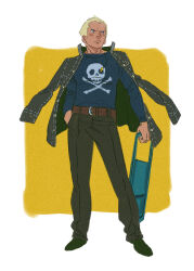 Rule 34 | 1boy, amber389, belt, blonde hair, blue eyes, border, brown belt, chair, ear piercing, folding chair, full body, hand in pocket, highres, jacket, jacket on shoulders, jewelry, jolly roger, male focus, necklace, nose piercing, outside border, pants, persona, persona 4, piercing, scar, school uniform, short hair, skull and crossbones, solo, standing, suitcase, tatsumi kanji, white border, yellow background