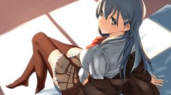 Rule 34 | 10s, 1girl, aqua eyes, aqua hair, blush, breasts, brown jacket, brown skirt, brown thighhighs, couch, frilled skirt, frills, from above, hair ornament, hairclip, highres, indoors, jacket, unworn jacket, kantai collection, looking at viewer, medium breasts, pleated skirt, shirt, sitting, skirt, smile, solo, suzuya (kancolle), thighhighs, tsuuhan, white shirt, wooden floor