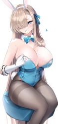 Rule 34 | absurdres, animal ears, asuna (blue archive), asuna (bunny) (blue archive), between breasts, black pantyhose, blonde hair, blue archive, blue eyes, blue leotard, bow, bowtie, breasts, cleavage, collar, dripping, fake animal ears, gloves, hair over one eye, hanasaka houcha, highres, large breasts, legs together, leotard, mole, mole on breast, one eye covered, pantyhose, playboy bunny, rabbit ears, simple background, sitting, skindentation, solo, traditional bowtie, white background, white gloves