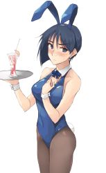 Rule 34 | 1girl, animal ears, asymmetrical hair, black pantyhose, blue eyes, blue hair, blue leotard, blue ribbon, blush, breasts, closed mouth, commentary request, covered navel, cowboy shot, cup, detached collar, drinking glass, drinking straw, earrings, fake animal ears, fake tail, food, fruit, halterneck, hand on own chest, highres, holding, holding tray, jewelry, lemon, lemon slice, leotard, looking at viewer, medium breasts, neck ribbon, original, pantyhose, playboy bunny, rabbit ears, rabbit tail, ribbon, short hair, simple background, sleeveless, solo, standing, tail, tray, white background, wing collar, wrist cuffs, zekkyon