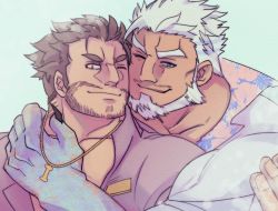 Rule 34 | aegir (housamo), bad id, bad pixiv id, bara, beard, blue eyes, brown eyes, couple, dagon (housamo), dark-skinned male, dark skin, earrings, face-to-face, facial hair, hug, hug from behind, jewelry, long sideburns, looking at viewer, male focus, manly, muscular, necklace, open clothes, pectoral cleavage, pectorals, ramusyutarou, short sleeves, sideburns, smile, tokyo houkago summoners, white hair, yaoi