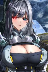 Rule 34 | 1girl, armor, blue eyes, breast tattoo, breasts, chu-e, cleavage, cleavage cutout, clothing cutout, ethel (xenoblade), heterochromia, highres, large breasts, long hair, red eyes, shoulder armor, silver hair, solo, tattoo, very long hair, xenoblade chronicles (series), xenoblade chronicles 3