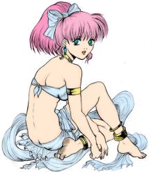 Rule 34 | 1girl, anklet, armlet, autumn-sacura, autumn sacura, back, barefoot, bikini, bikini top only, butt crack, choker, dancer, dirty, dirty feet, earrings, feet, fire emblem, fire emblem: genealogy of the holy war, full body, green eyes, hugging own legs, jewelry, lene (fire emblem), looking back, lots of jewelry, nail polish, nintendo, orange nails, pink hair, ponytail, sarong, simple background, sitting, solo, spine, swimsuit