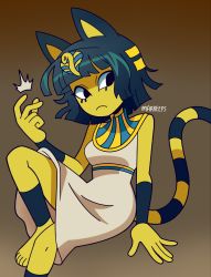 Rule 34 | 1girl, :c, ^^^, absurdres, animal crossing, animal ears, animal hair ornament, ankha (animal crossing), anklet, arm support, arm up, bare arms, barefoot, black eyes, blue hair, blunt bangs, blunt ends, bob cut, bracelet, brown background, cat ears, cat girl, cat tail, closed mouth, colored skin, commentary, dark blue hair, dress, egyptian, egyptian clothes, english commentary, expressionless, eyeliner, foot out of frame, gradient background, hair ornament, head tilt, highres, invisible chair, jewelry, knee up, light frown, looking at viewer, looking to the side, makeup, marreeps, nintendo, no nose, personification, shade, short hair, signature, simple background, sitting, sleeveless, sleeveless dress, snake hair ornament, snapping fingers, solo, striped tail, tail, tail raised, toes, toon (style), uraeus, usekh collar, white dress, yellow skin