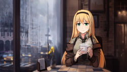 Rule 34 | 1girl, absurdres, blonde hair, bus, commentary request, cup, girls&#039; frontline, green eyes, hairband, highres, jacket, long hair, m1 garand (girls&#039; frontline), motor vehicle, mug, mush, necktie, off shoulder, photo (object), road, smile, solo, steam, street, suspenders, table, tablecloth, wall, window
