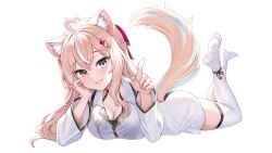 Rule 34 | 1girl, absurdres, ahoge, animal ear fluff, animal ears, asymmetrical legwear, blonde hair, blue eyes, blue hair, breasts, cat ears, cat tail, cleavage, heart, heart ahoge, heterochromia, highres, large breasts, lee jooin, light blue hair, long hair, long sleeves, looking at viewer, lying, mole, mole on breast, mono (mono mon), multicolored hair, on stomach, red eyes, shirt, streaked hair, tail, thighhighs, v-lup, virtual youtuber, white hair, white shirt, white thighhighs