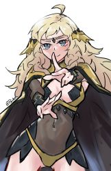 Rule 34 | 1girl, absurdres, ahoge, artist name, blonde hair, blue eyes, bodystocking, breasts, cape, eyelashes, fire emblem, fire emblem fates, highres, jewelry, navel, nintendo, open hand, ophelia (fire emblem), paiiart, panties, signature, simple background, smile, underwear, white background, yellow cape, yellow panties
