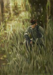 Rule 34 | artist request, bandana, eyepatch, facepaint, forest, grass, highres, male focus, metal gear (series), metal gear solid 3: snake eater, naked snake, nature, solo, squatting, tall grass, tree