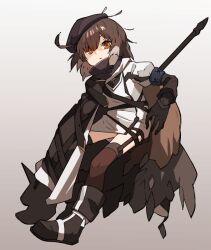 Rule 34 | 1girl, ahoge, amonitto, arknights, beret, black cape, black footwear, black gloves, black hat, boots, brown hair, brown thighhighs, cape, dress, feathered wings, full body, garter straps, gloves, gradient background, hat, holding, holding staff, infection monitor (arknights), long sleeves, orange hair, plume, plume (arknights), short dress, short hair, solo, staff, thighhighs, white dress, wings