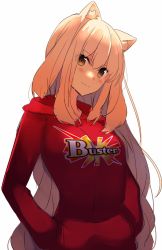 Rule 34 | 1girl, animal ears, blush, closed mouth, commentary request, fate/grand order, fate (series), hair between eyes, hands in pocket, highres, hood, hood down, hoodie, long hair, long sleeves, looking at viewer, niyokichi, orange hair, red hoodie, simple background, smile, solo, standing, suzuka gozen (fate), upper body, very long hair, white background, yellow eyes