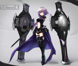 Rule 34 | 1girl, adapted costume, armor, belt, belt skirt, black thighhighs, bodysuit, boots, breasts, center opening, character name, cleavage, elbow gloves, fate/grand order, fate (series), faulds, full body, gloves, glowing, greaves, grey background, hair between eyes, halterneck, high heel boots, high heels, highres, holding, holding sword, holding weapon, legs together, leotard, light purple hair, looking at viewer, mash kyrielight, navel, neon trim, open mouth, purple hair, saamon (railgun0522), scabbard, sheath, shield, short hair, simple background, skirt, stomach, sword, thigh strap, thighhighs, waist cape, weapon