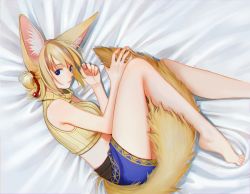 Rule 34 | 1girl, animal ears, barefoot, bed sheet, between legs, blonde hair, blue eyes, crop top, fetal position, fox ears, fox tail, hair ornament, highres, looking at viewer, looking to the side, lying, nashigaya koyomi, on bed, on side, open mouth, original, plantar flexion, ribbed sweater, short hair, sidelocks, skirt, sleeveless, sleeveless turtleneck, solo, sweater, tail, tail between legs, turtleneck, two side up