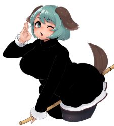 Rule 34 | 1girl, ;o, animal ears, bamboo broom, black pantyhose, blush, breasts, broom, dress, green eyes, green hair, highres, kasodani kyouko, large breasts, long sleeves, one eye closed, oozon (ozon), open mouth, pantyhose, plump, short dress, simple background, solo, tail, touhou