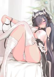 Rule 34 | 1girl, apron, ass, august von parseval (azur lane), august von parseval (the conquered unhulde) (azur lane), azur lane, black horns, blue eyes, blue hair, breasts, cleavage, covered erect nipples, crossed legs, crotch seam, dragon girl, dragon horns, hair over one eye, highres, horns, large breasts, legs up, maid, maid apron, maid headdress, official alternate costume, one eye covered, p.i.t.d, ribbon, sitting, skindentation, solo, thick thighs, thighhighs, thighs, white thighhighs
