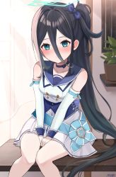 Rule 34 | 1girl, absurdly long hair, absurdres, aris (blue archive), black hair, blue archive, blue eyes, blush, bow, choker, commentary request, detached sleeves, hair between eyes, hair bow, hair ribbon, halo, highres, idol, knees together feet apart, ksubi (toxtricitygf), long hair, long sleeves, looking at viewer, mischievous straight uniform (blue archive), official alternate costume, on bench, plant, potted plant, ribbon, side ponytail, sidelocks, sitting, smile, solo, very long hair