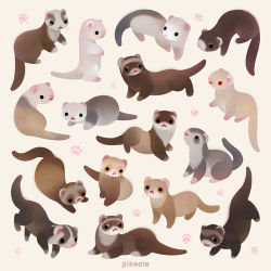 Rule 34 | :&lt;, animal ears, animal focus, artist name, brown background, brown fur, closed mouth, commentary, english commentary, ferret, ferret ears, ferret tail, from behind, from side, full body, grey fur, looking at viewer, no humans, original, paw print, paw print background, pikaole, simple background, smile, solid circle eyes, whiskers, white fur
