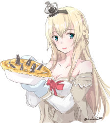 Rule 34 | 1girl, aruka, bare shoulders, blonde hair, blue eyes, braid, breasts, cleavage, crown, dress, french braid, kantai collection, long hair, looking at viewer, medium breasts, off-shoulder dress, off shoulder, open mouth, solo, stargazy pie, twitter username, warspite (kancolle), white background