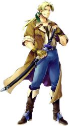 Rule 34 | 1boy, blonde hair, boots, brown eyes, coat, denim, full body, gloves, hair ribbon, jack van burace, jeans, knee boots, long hair, male focus, ooba wakako, pants, ponytail, ribbon, scan, shirt, simple background, smile, solo, sword, weapon, white background, wild arms, wild arms 1