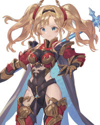 Rule 34 | 1girl, armor, armored boots, asymmetrical bangs, belt, blonde hair, blue eyes, bodysuit, boots, breasts, cape, closed mouth, commentary request, covered navel, gauntlets, granblue fantasy, hair intakes, hairband, highres, holding, holding polearm, holding weapon, long hair, looking at viewer, medium breasts, midriff, polearm, smile, solo, spear, standing, stomach, tanakalma, thighhighs, twintails, weapon, zeta (granblue fantasy)