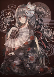 Rule 34 | 1girl, black kimono, blurry, blush, chrysanthemum print, closed mouth, depth of field, embers, floral background, floral print, flower, folding fan, fox mask, grey hair, hair between eyes, hand fan, hand up, japanese clothes, kimono, long hair, looking at viewer, mask, moco 315, obi, original, red eyes, sash, seiza, sitting, smile, solo, spider lily, tareme