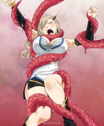 Rule 34 | 1girl, black skirt, blonde hair, boots, breasts, cleavage, detached sleeves, earrings, eden&#039;s zero, closed eyes, gaston18, hair ornament, hairclip, highres, jewelry, large breasts, long hair, miniskirt, open mouth, rebecca bluegarden, simple background, skirt, tentacles, wet