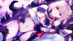 Rule 34 | 119, 1girl, animal ears, bad id, bad pixiv id, breasts, claws, commentary request, cosplay, cowboy shot, elbow gloves, eyes visible through hair, fate/grand order, fate (series), fur-trimmed gloves, fur-trimmed legwear, fur collar, fur trim, gloves, hair over one eye, halloween costume, highres, lace, lace-trimmed legwear, lace trim, large breasts, light purple hair, looking at viewer, lying, mash kyrielight, mash kyrielight (dangerous beast), navel, o-ring, o-ring top, official alternate costume, on side, parted lips, purple eyes, purple gloves, purple thighhighs, revealing clothes, short hair, sideboob, solo, tail, thighhighs, thighs, underboob, wolf ears, wolf tail