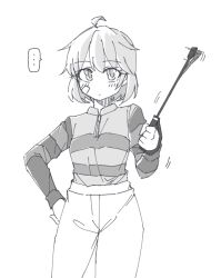 Rule 34 | ..., 1girl, ahoge, alternate costume, bandaid, bandaid on face, greyscale, hand on own hip, holding, kantai collection, long sleeves, monochrome, oboro (kancolle), pants, riding crop, shirt, short hair, solo, spoken ellipsis, striped clothes, striped shirt, tatahai