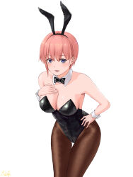 Rule 34 | 1girl, absurdres, alternate costume, animal ears, black bow, black bowtie, black hairband, black leotard, blue eyes, blush, bow, bowtie, breasts, brown pantyhose, cleavage, commentary request, cowboy shot, detached collar, fake animal ears, go-toubun no hanayome, hairband, hand on own hip, highres, large breasts, leotard, looking at viewer, lower teeth only, nakano ichika, pantyhose, parted lips, pink hair, playboy bunny, rabbit ears, ricky (haye4843), short hair, simple background, solo, standing, teeth, white background, wrist cuffs