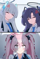 Rule 34 | + +, 2koma, 3girls, ^ ^, anger vein, blue archive, blue hair, blunt bangs, close-up, closed eyes, comic, commentary request, false smile, fang, hair between eyes, halo, highres, koyuki (blue archive), multiple girls, noa (blue archive), pink eyes, pink hair, reia 76, shaded face, shadow, sidelocks, sketch, smile, sweat, nervous sweating, twintails, twitter username, two side up, upper body, wavy mouth, white hair, wide-eyed, yellow pupils, yuuka (blue archive)
