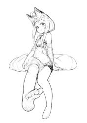 Rule 34 | 1girl, ahoge, animal ear fluff, animal ears, bare legs, bare shoulders, barefoot, bike shorts, blush, commentary, fox, fox ears, fox tail, greyscale, invisible chair, jaco, large tail, looking at viewer, monochrome, off shoulder, original, see-through, short hair, short hair with long locks, sidelocks, sitting, smile, soles, solo, sports bra, tail, thick eyebrows