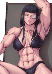 Rule 34 | 1girl, abs, absurdres, bikini, black hair, blunt bangs, breasts, broad shoulders, cropped arms, cropped legs, highres, jormungand (manga), large breasts, lips, muscular arms, sofia valmer, solo, speedl00ver, swimsuit, yellow eyes