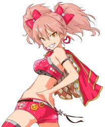 Rule 34 | 10s, 1girl, ass, bra, breasts, earrings, eyelashes, grin, heart, heart earrings, highres, idolmaster, idolmaster cinderella girls, jacket, jewelry, jougasaki mika, lingerie, looking back, midriff, official art, peace symbol, ribbon, short shorts, shorts, smile, smiley face, solo, transparent background, underwear, vector trace
