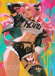 1girl crop_top english_text highres midriff nicole_demara pink_hair ruan_zoe short_shorts shorts zenless_zone_zero