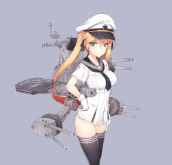Rule 34 | 10s, 1girl, bad id, bad pixiv id, black necktie, black thighhighs, blonde hair, blue background, blush, breasts, cannon, gloves, hat, kantai collection, long hair, mecha musume, military, military uniform, necktie, original, peaked cap, personification, purple background, roks jeong buk (dd-916), simple background, solo, tama (tamatamo), thighhighs, twintails, uniform, uss everett f. larson (dd-830), white gloves