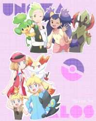 Rule 34 | 2boys, 3girls, ;d, ahoge, bare arms, black vest, blonde hair, blue jumpsuit, blue ribbon, bonnie (pokemon), bow, bowtie, braixen, brown eyes, brown shirt, cilan (pokemon), clemont (pokemon), closed mouth, collared shirt, commentary request, creatures (company), dark-skinned female, dark skin, dedenne, eyelashes, game freak, gen 4 pokemon, gen 5 pokemon, gen 6 pokemon, glasses, green bow, green bowtie, green eyes, green hair, hand on own chin, hand up, hat, haxorus, highres, iris (pokemon), jumpsuit, long hair, long sleeves, luxray, medium hair, mei (maysroom), multiple boys, multiple girls, neck ribbon, nintendo, no sclera, on head, one eye closed, open mouth, outline, pansage, poke ball symbol, pokemon, pokemon (anime), pokemon (creature), pokemon bw (anime), pokemon on head, pokemon xy (anime), purple background, purple hair, ribbon, round eyewear, serena (pokemon), shirt, short hair, sleeveless, smile, stroking own chin, teeth, tongue, twitter username, two side up, upper teeth only, vest, waving, white shirt, yellow shirt