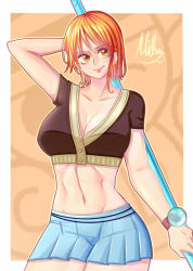 Rule 34 | 1girl, breasts, cleavage, female focus, highres, holding, holding weapon, midriff, mifenami, nami (one piece), navel, one piece, orange hair, skirt, smile, tagme, weapon