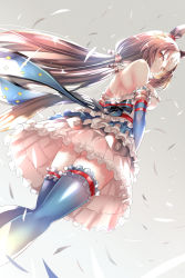Rule 34 | 1girl, animal ears, bare shoulders, blue thighhighs, breasts, brown eyes, closed mouth, commentary request, from behind, gradient background, grey background, highres, horse ears, horse girl, horse tail, looking at viewer, low twintails, medium breasts, sdwing, skirt, smile, solo, standing, tail, thighhighs, thighs, twintails, umamusume, white skirt, yamanin zephyr (umamusume), zettai ryouiki