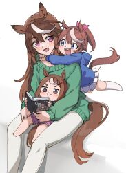 Rule 34 | 3girls, :&gt;, aged down, animal ears, blue eyes, blue hoodie, book, bow, brown hair, commentary request, feet out of frame, green sweater, holding, holding book, hood, hood down, hoodie, horse ears, horse girl, horse tail, kusanagi kaoru, long hair, multicolored hair, multiple girls, official alternate costume, open mouth, oshi no ko, pants, pink bow, pink shorts, pleated skirt, ponytail, purple eyes, short hair, shorts, sitting, skirt, smile, socks, streaked hair, sweater, symboli rudolf (umamusume), tail, teeth, tokai teio (umamusume), tsurumaru tsuyoshi (umamusume), umamusume, upper teeth only, white hair, white pants, white skirt, white socks