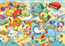Rule 34 | ball, berry (pokemon), blanket, book, bowl, bulbasaur, candy wrapper, card, character doll, charmander, chibi, chimchar, choice specs, closed eyes, closed mouth, commentary request, creatures (company), closed eyes, flame-tipped tail, game freak, gen 1 pokemon, gen 4 pokemon, gen 8 pokemon, grookey, instrument, nintendo, official art, one eye closed, pikachu, piplup, plant, playing card, pokemon, scorbunny, sitrus berry, sketchbook, smile, sobble, squirtle, substitute (pokemon), turtwig, u u, vines, xylophone