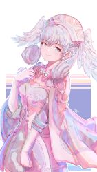 Rule 34 | blue eyes, grey hair, hand on own chest, head wings, highres, looking at viewer, melia antiqua, milo monzon, smile, white wings, wings, xenoblade chronicles (series), xenoblade chronicles 1