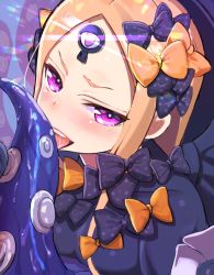 Rule 34 | 1girl, abigail williams (fate), abigail williams (second ascension) (fate), black bow, black hat, blonde hair, blush, bow, breasts, commentary request, eyeball, fate/grand order, fate (series), glowing, glowing eye, hair bow, half-closed eye, hat, highres, keyhole, licking, long hair, looking at viewer, naughty face, nayuta (una), open mouth, orange bow, parted bangs, pink eyes, polka dot, polka dot bow, rainbow, saliva, sexually suggestive, sidelocks, small breasts, solo, straight hair, tentacles, tongue, tongue out, uneven eyes, upper body